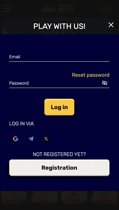 Bounty Reels login screen